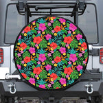 Colorful Hibiscus Flowers Pattern Print Leather Spare Tire Cover