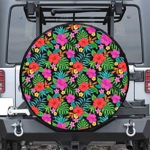 Colorful Hibiscus Flowers Pattern Print Leather Spare Tire Cover