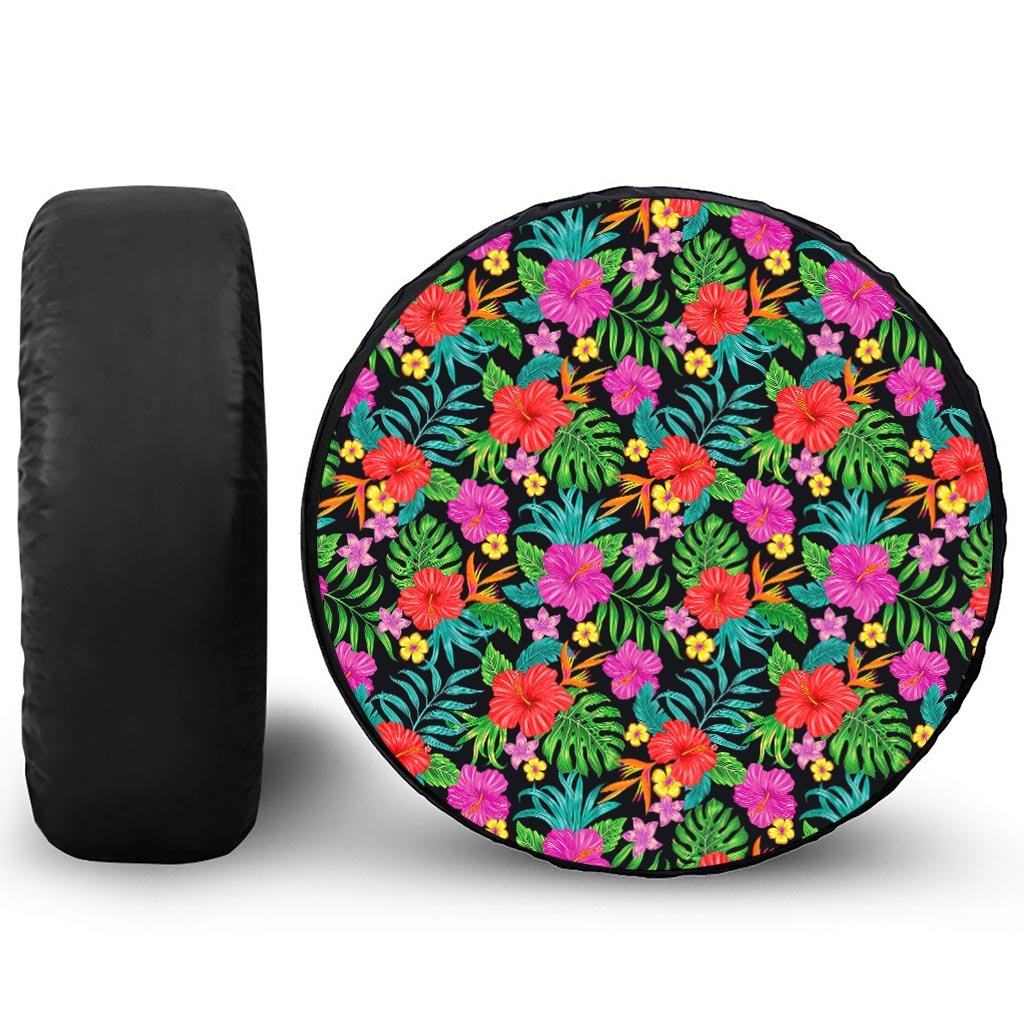 Colorful Hibiscus Flowers Pattern Print Leather Spare Tire Cover