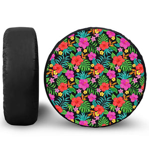 Colorful Hibiscus Flowers Pattern Print Leather Spare Tire Cover