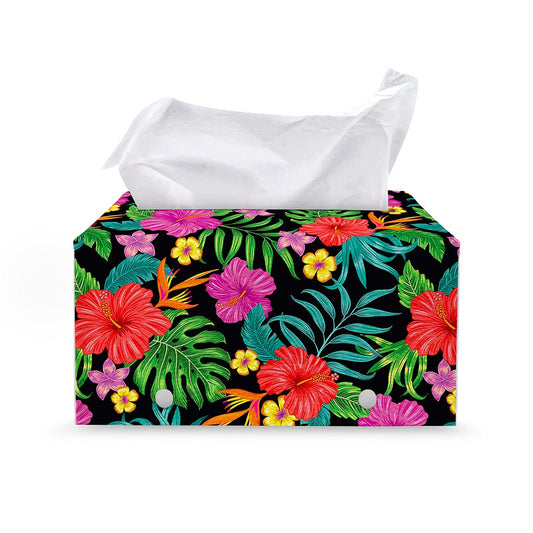 Colorful Hibiscus Flowers Pattern Print Leather Tissue Box Cover
