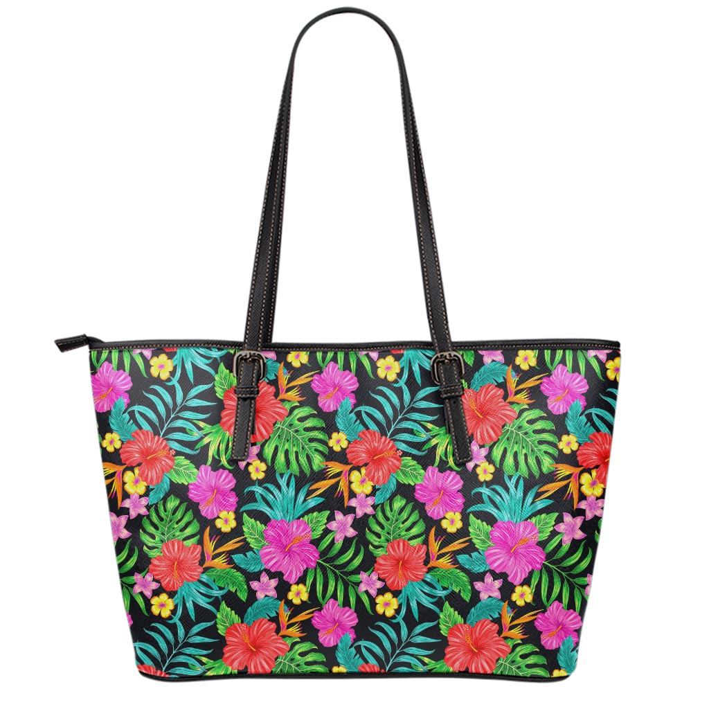 Colorful Hibiscus Flowers Pattern Print Leather Tote Bag