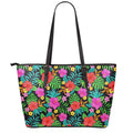 Colorful Hibiscus Flowers Pattern Print Leather Tote Bag With Zipper