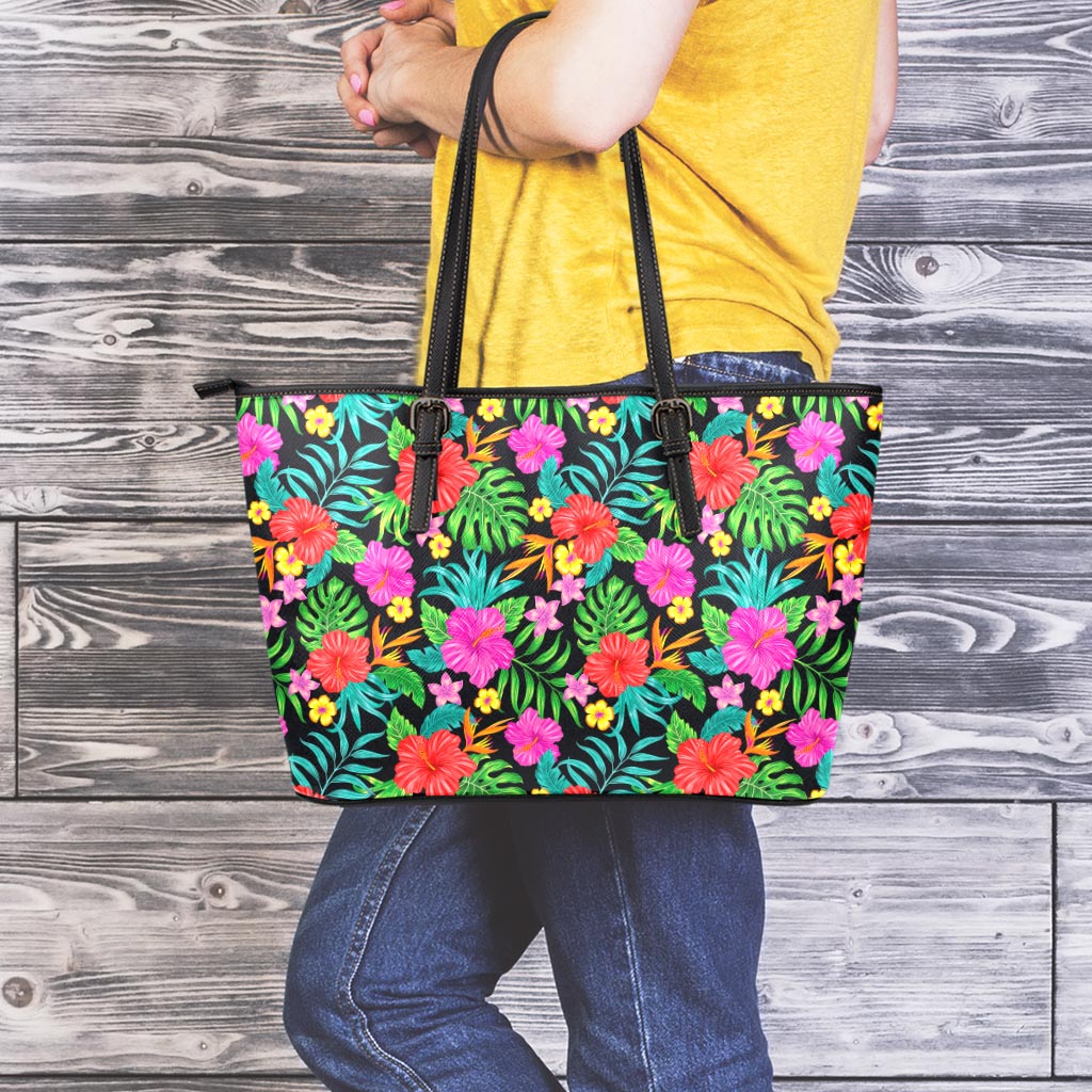 Colorful Hibiscus Flowers Pattern Print Leather Tote Bag