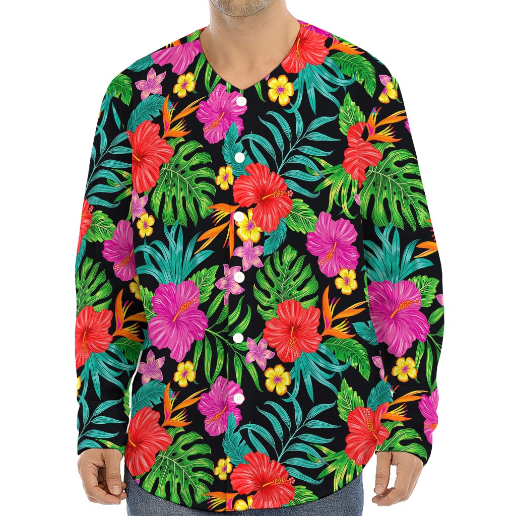 Colorful Hibiscus Flowers Pattern Print Long Sleeve Baseball Jersey