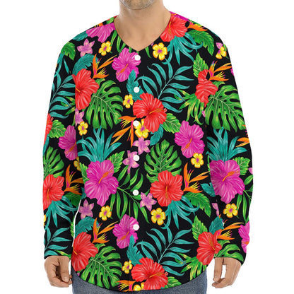 Colorful Hibiscus Flowers Pattern Print Long Sleeve Baseball Jersey