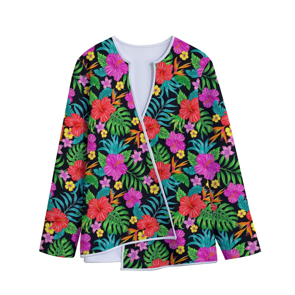 Colorful Hibiscus Flowers Pattern Print Long Sleeve Short Coat