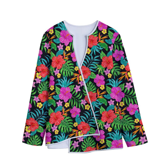 Colorful Hibiscus Flowers Pattern Print Long Sleeve Short Coat