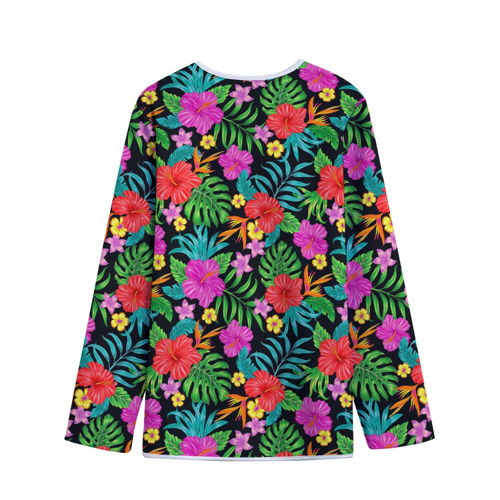 Colorful Hibiscus Flowers Pattern Print Long Sleeve Short Coat