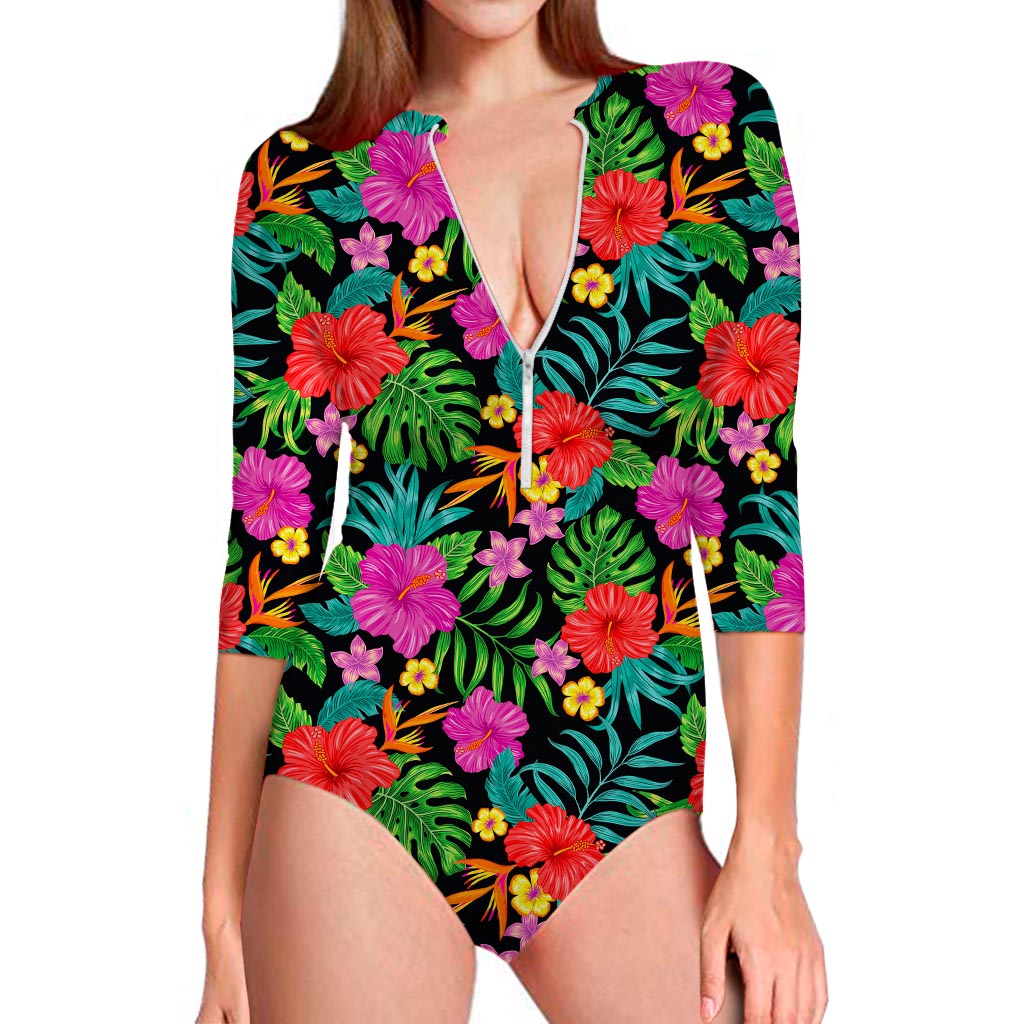 Colorful Hibiscus Flowers Pattern Print Long Sleeve Swimsuit