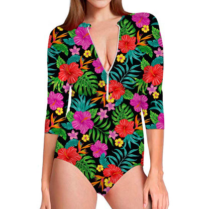 Colorful Hibiscus Flowers Pattern Print Long Sleeve Swimsuit
