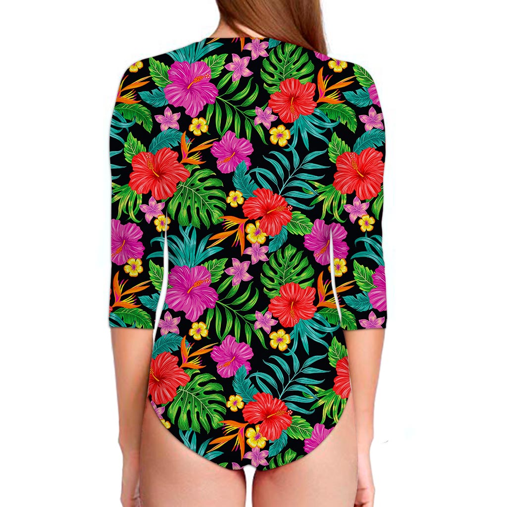 Colorful Hibiscus Flowers Pattern Print Long Sleeve Swimsuit