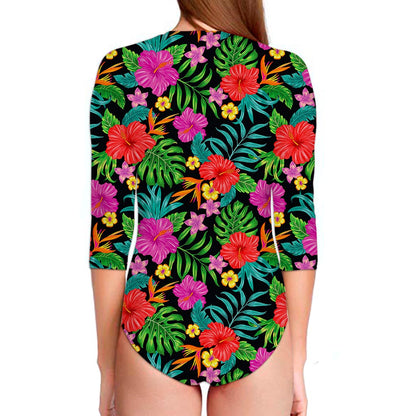 Colorful Hibiscus Flowers Pattern Print Long Sleeve Swimsuit
