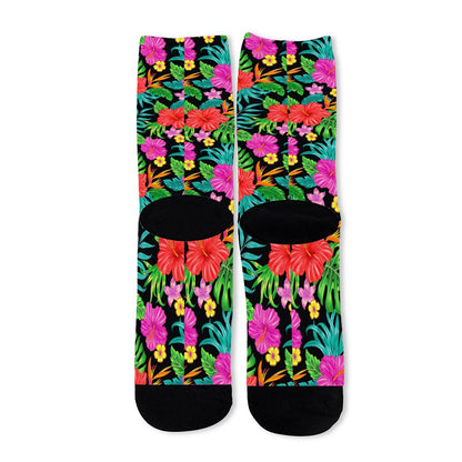 Colorful Hibiscus Flowers Pattern Print Long Socks