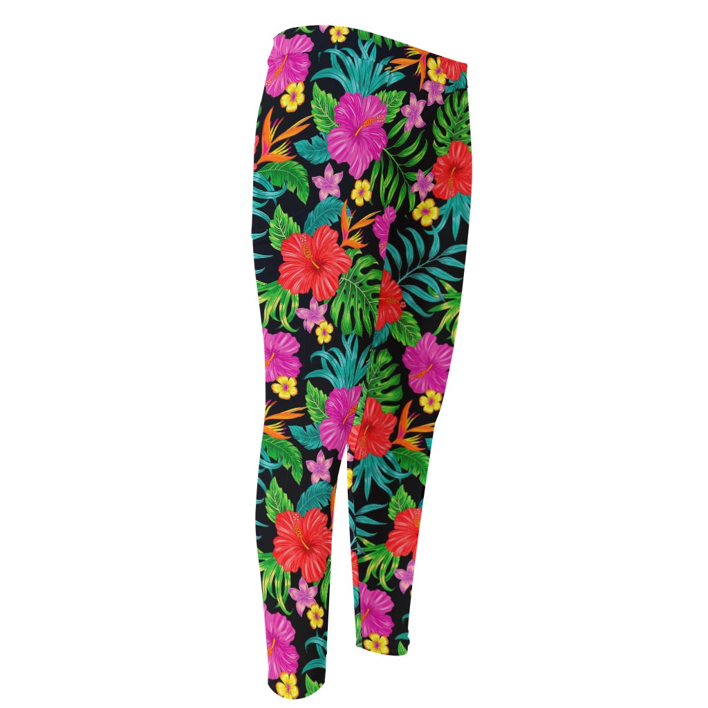 Colorful Hibiscus Flowers Pattern Print Men's Compression Pants