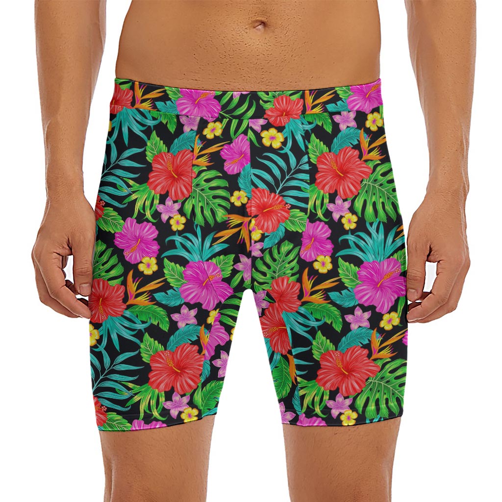 Colorful Hibiscus Flowers Pattern Print Men's Long Boxer Briefs