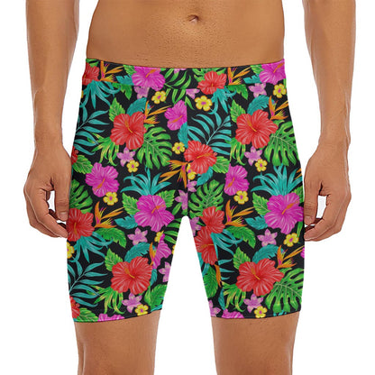 Colorful Hibiscus Flowers Pattern Print Men's Long Boxer Briefs