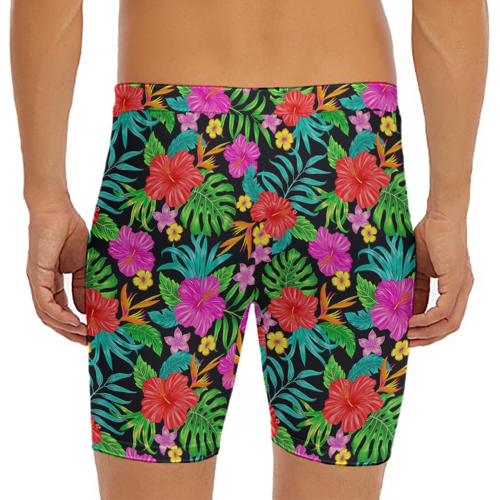 Colorful Hibiscus Flowers Pattern Print Men's Long Boxer Briefs