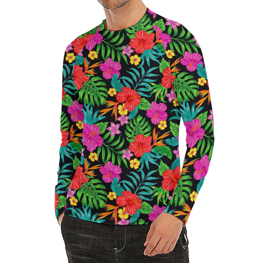 Colorful Hibiscus Flowers Pattern Print Men's Long Sleeve Rash Guard