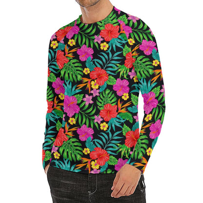 Colorful Hibiscus Flowers Pattern Print Men's Long Sleeve Rash Guard