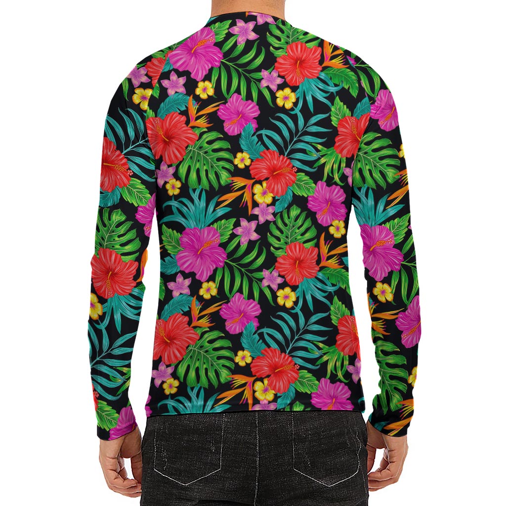 Colorful Hibiscus Flowers Pattern Print Men's Long Sleeve Rash Guard