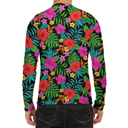 Colorful Hibiscus Flowers Pattern Print Men's Long Sleeve Rash Guard