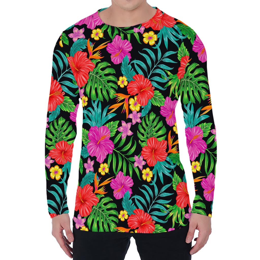 Colorful Hibiscus Flowers Pattern Print Men's Long Sleeve T-Shirt