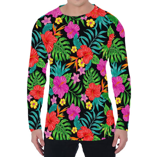 Colorful Hibiscus Flowers Pattern Print Men's Long Sleeve T-Shirt