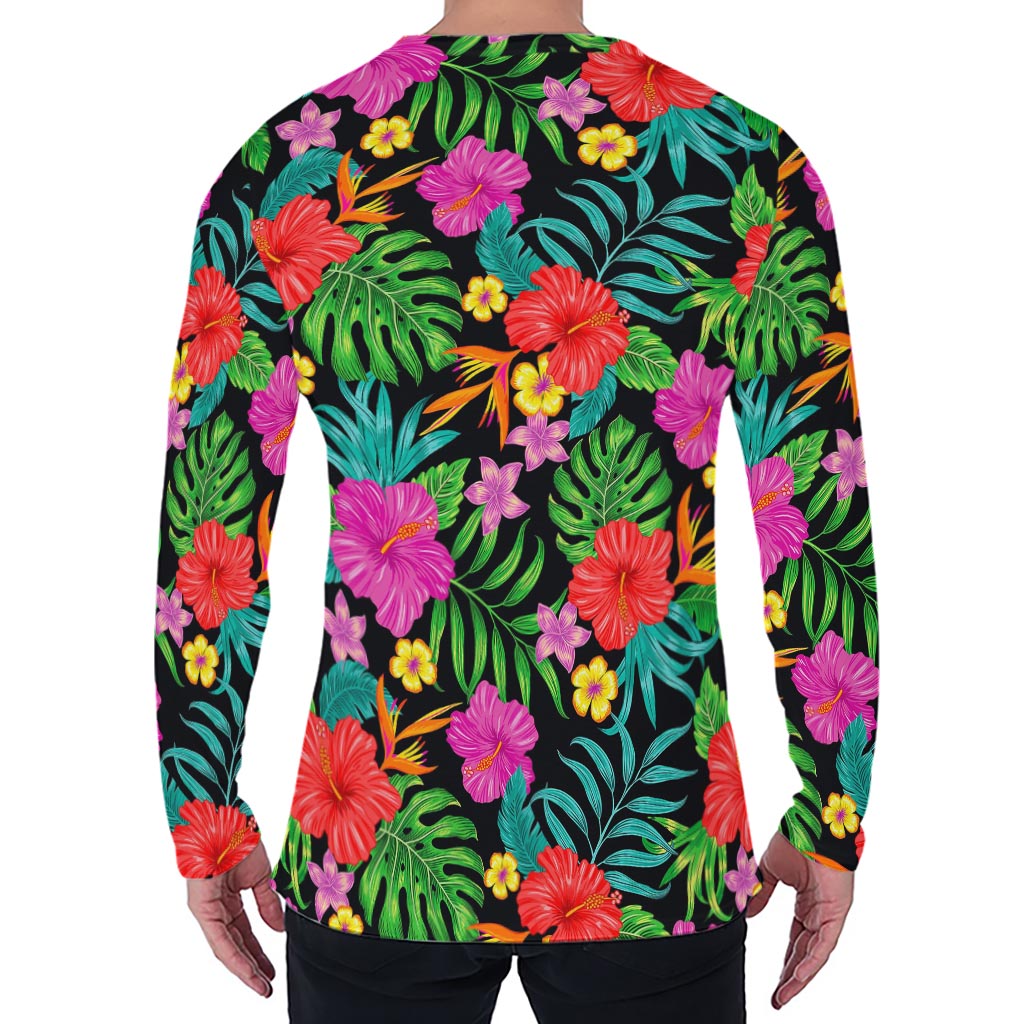 Colorful Hibiscus Flowers Pattern Print Men's Long Sleeve T-Shirt