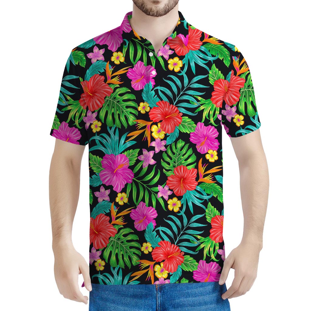 Colorful Hibiscus Flowers Pattern Print Men's Polo Shirt