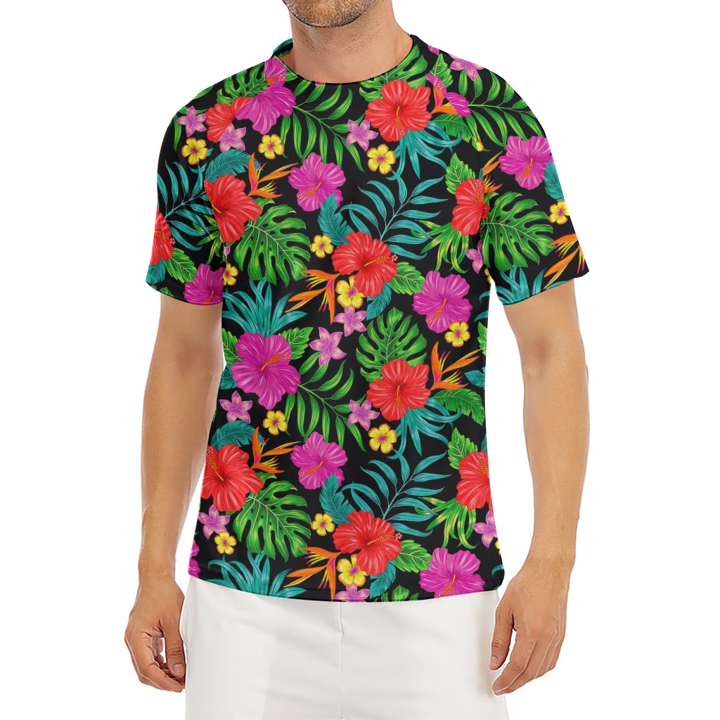 Colorful Hibiscus Flowers Pattern Print Men's Short Sleeve Rash Guard