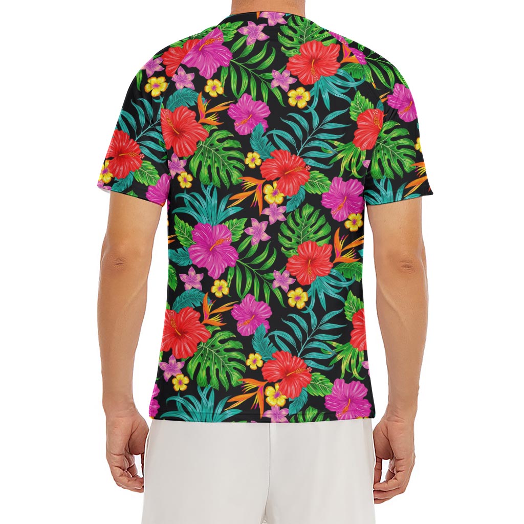 Colorful Hibiscus Flowers Pattern Print Men's Short Sleeve Rash Guard