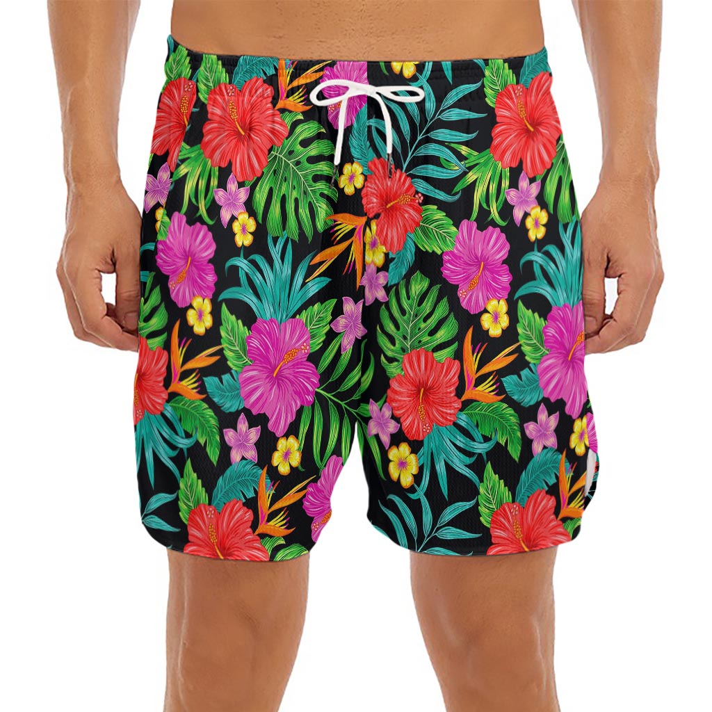 Colorful Hibiscus Flowers Pattern Print Men's Split Running Shorts