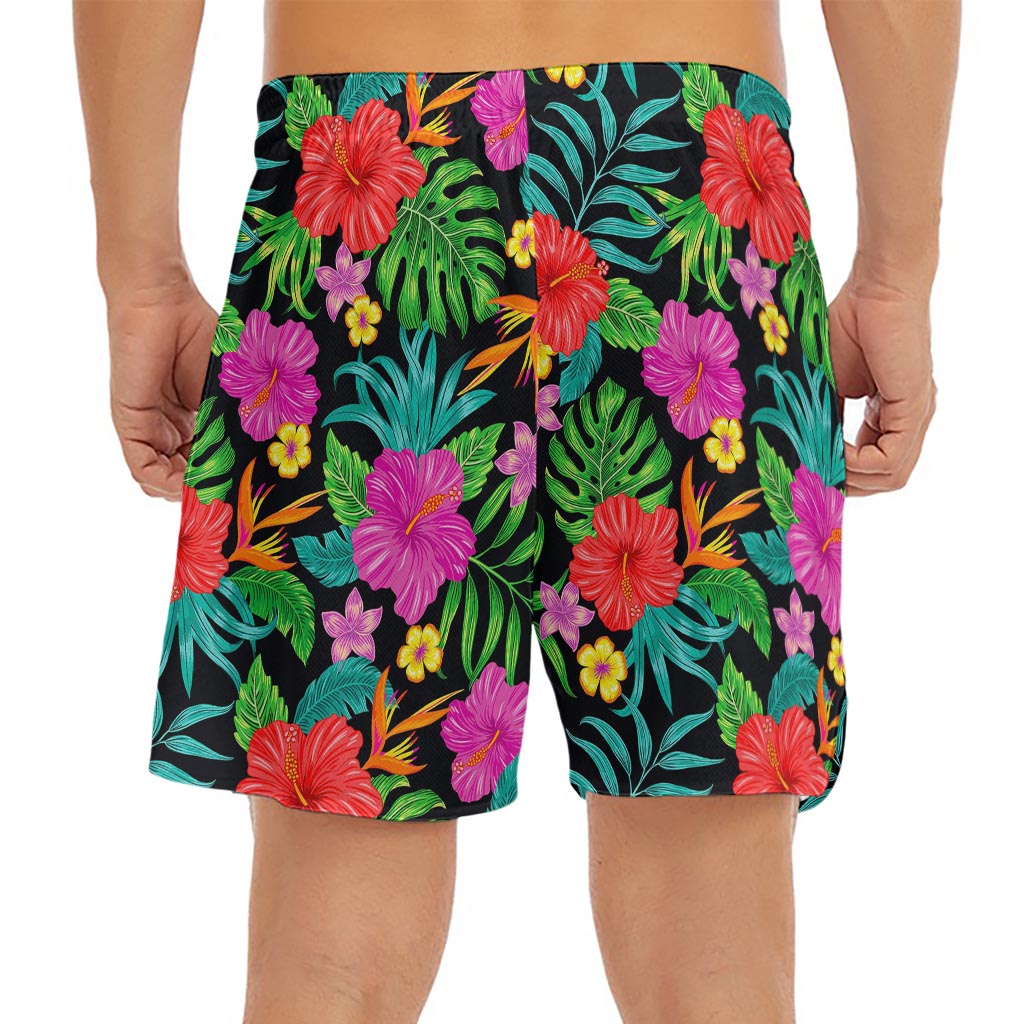 Colorful Hibiscus Flowers Pattern Print Men's Split Running Shorts