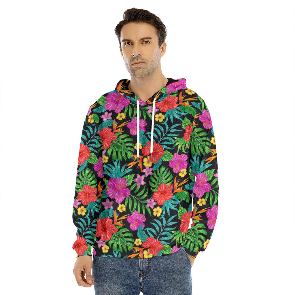 Colorful Hibiscus Flowers Pattern Print Men's Velvet Pullover Hoodie