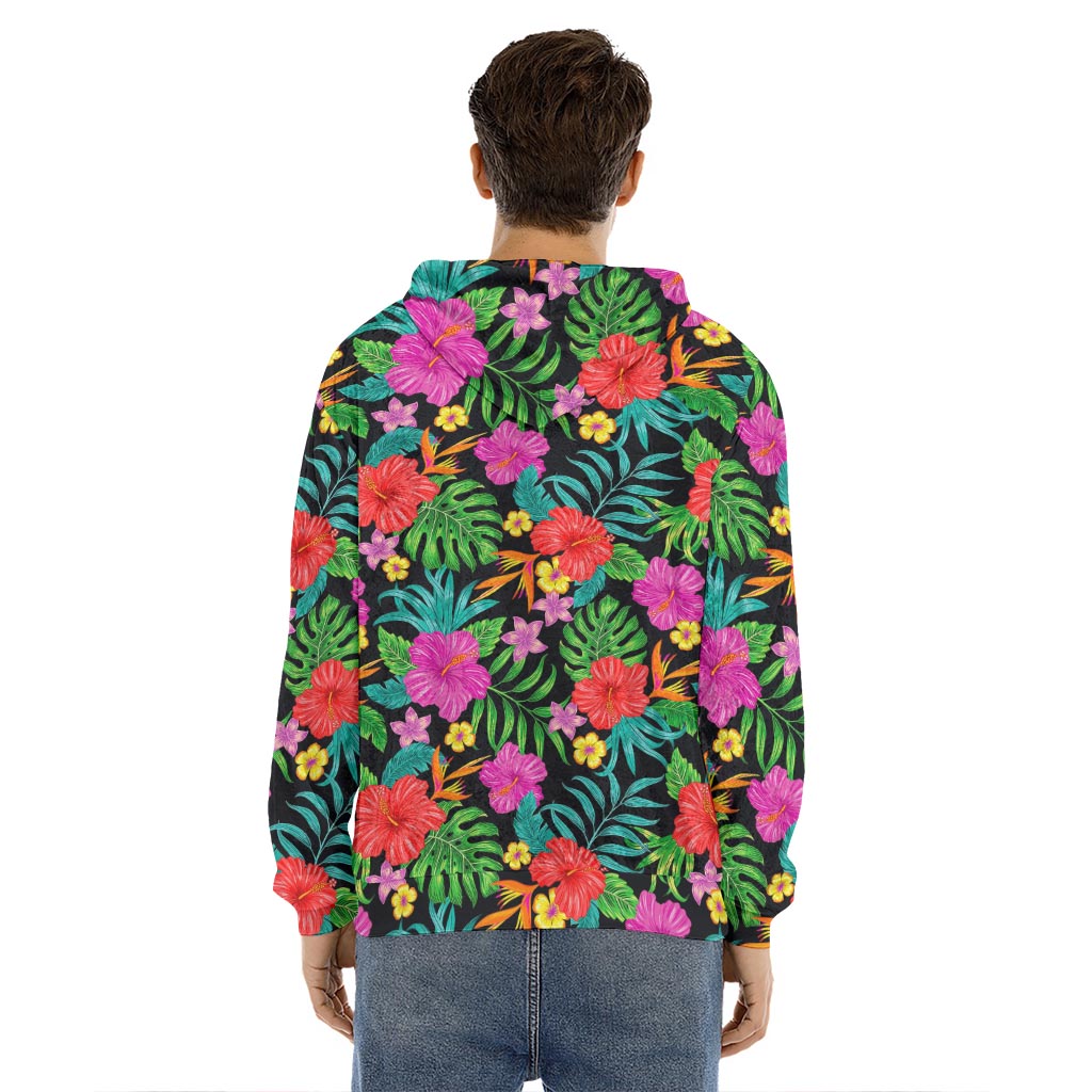 Colorful Hibiscus Flowers Pattern Print Men's Velvet Pullover Hoodie