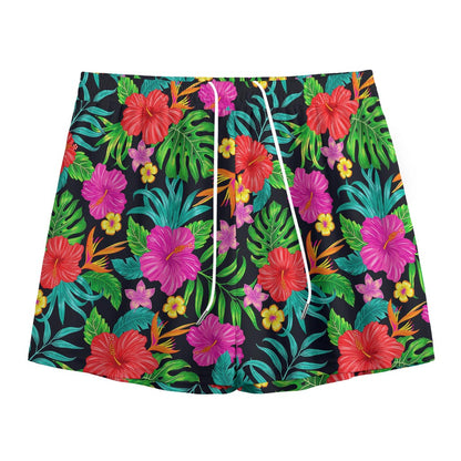 Colorful Hibiscus Flowers Pattern Print Mesh Shorts
