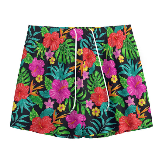 Colorful Hibiscus Flowers Pattern Print Mesh Shorts