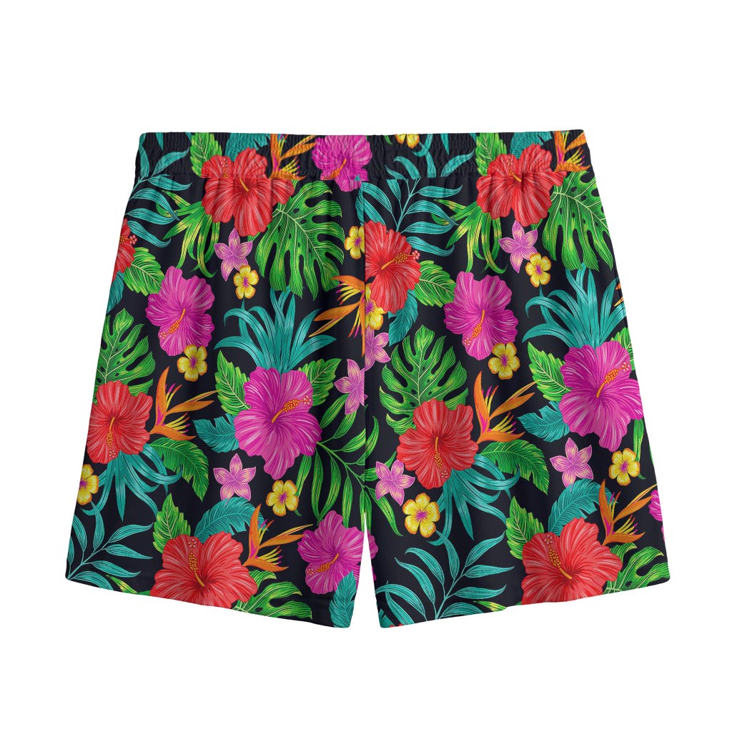 Colorful Hibiscus Flowers Pattern Print Mesh Shorts