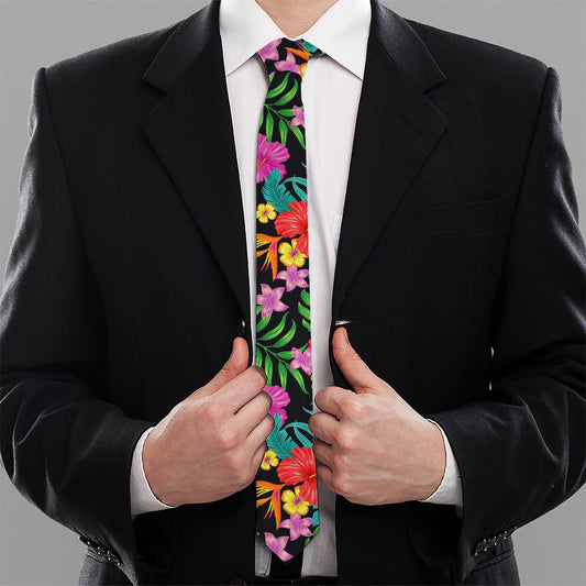 Colorful Hibiscus Flowers Pattern Print Necktie