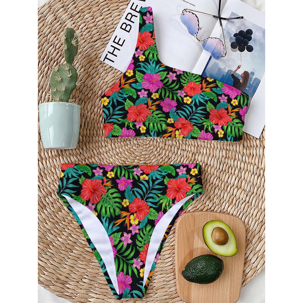 Colorful Hibiscus Flowers Pattern Print One Shoulder Bikini Top