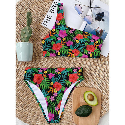 Colorful Hibiscus Flowers Pattern Print One Shoulder Bikini Top