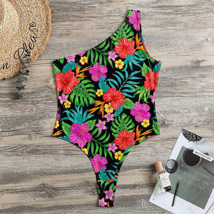 Colorful Hibiscus Flowers Pattern Print One Shoulder Bodysuit