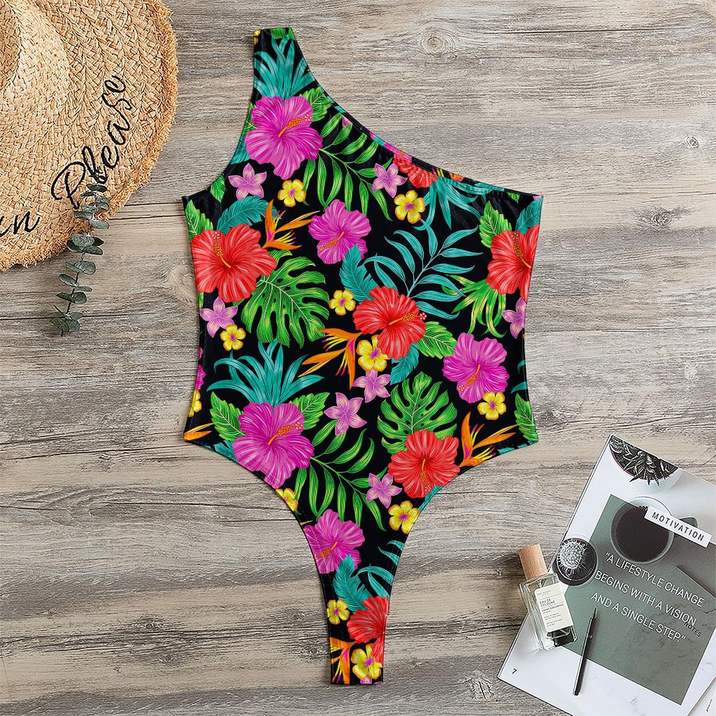 Colorful Hibiscus Flowers Pattern Print One Shoulder Bodysuit