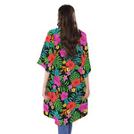 Colorful Hibiscus Flowers Pattern Print Open Front Beach Cover Up