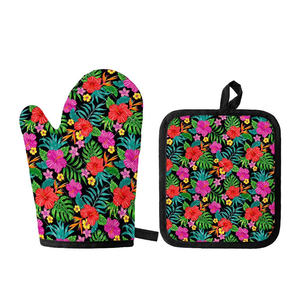 Colorful Hibiscus Flowers Pattern Print Oven Mitt And Pot Holder Set