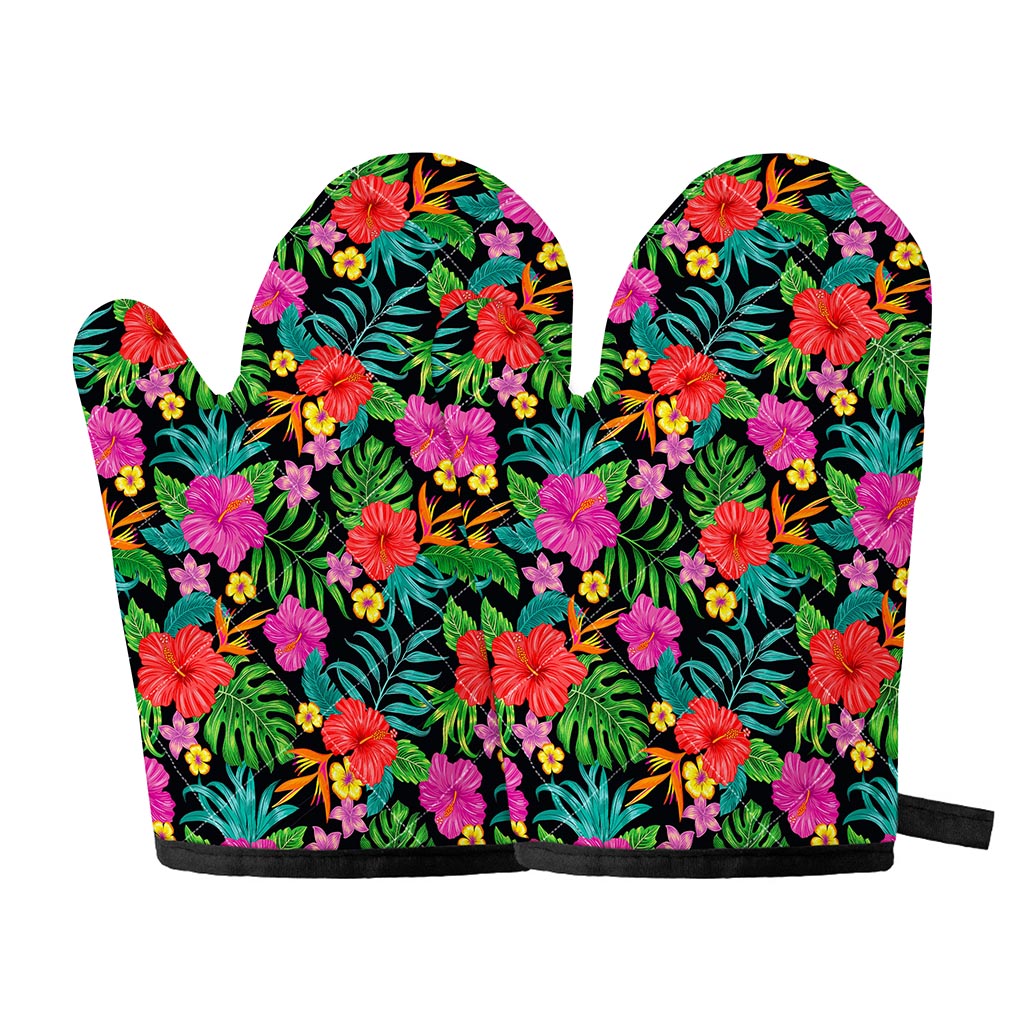 Colorful Hibiscus Flowers Pattern Print Oven Mitts
