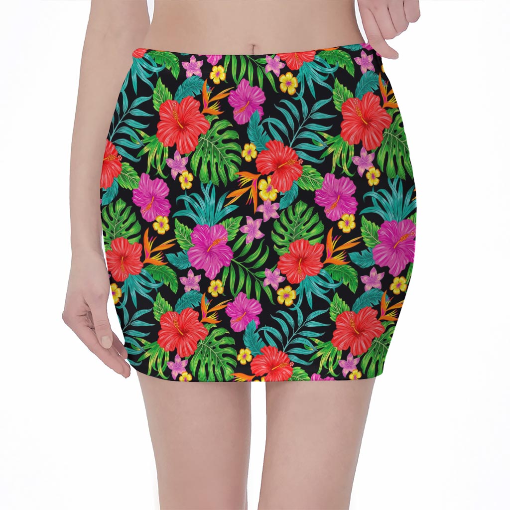 Colorful Hibiscus Flowers Pattern Print Pencil Mini Skirt