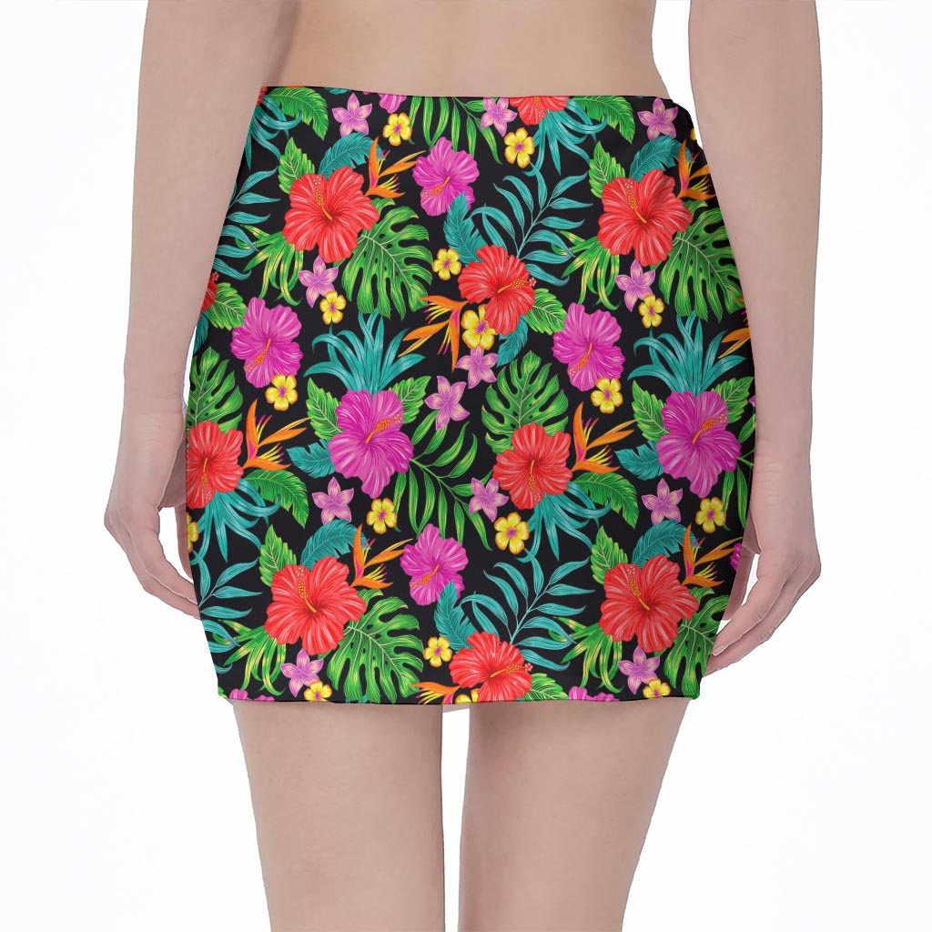 Colorful Hibiscus Flowers Pattern Print Pencil Mini Skirt