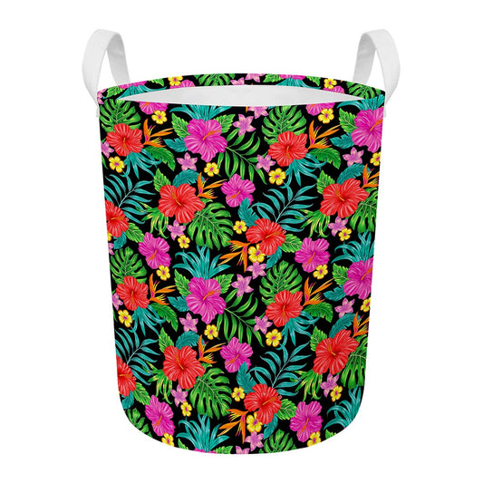 Colorful Hibiscus Flowers Pattern Print Round Laundry Basket